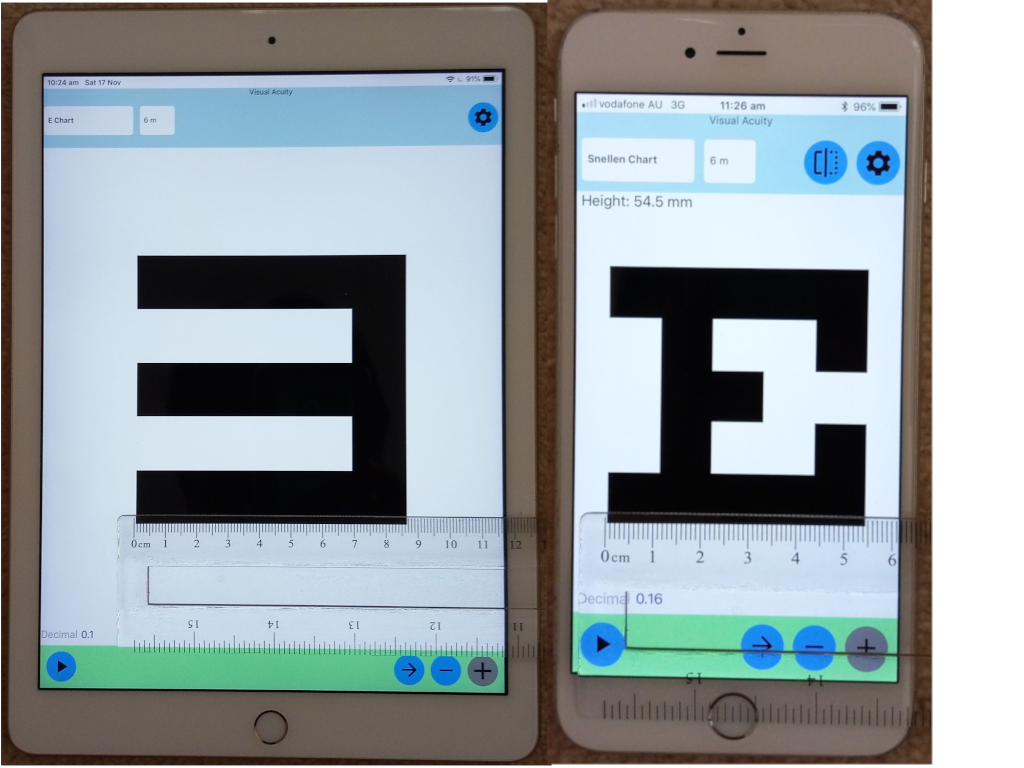 Eye Chart application: (A) Snellen chart display; (B) tumbling E